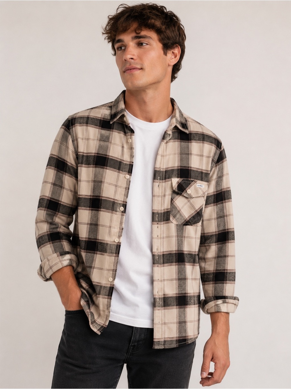 Hurley Plaid Flannel Shirt XL Beige Brown Button Up Long Sleeve